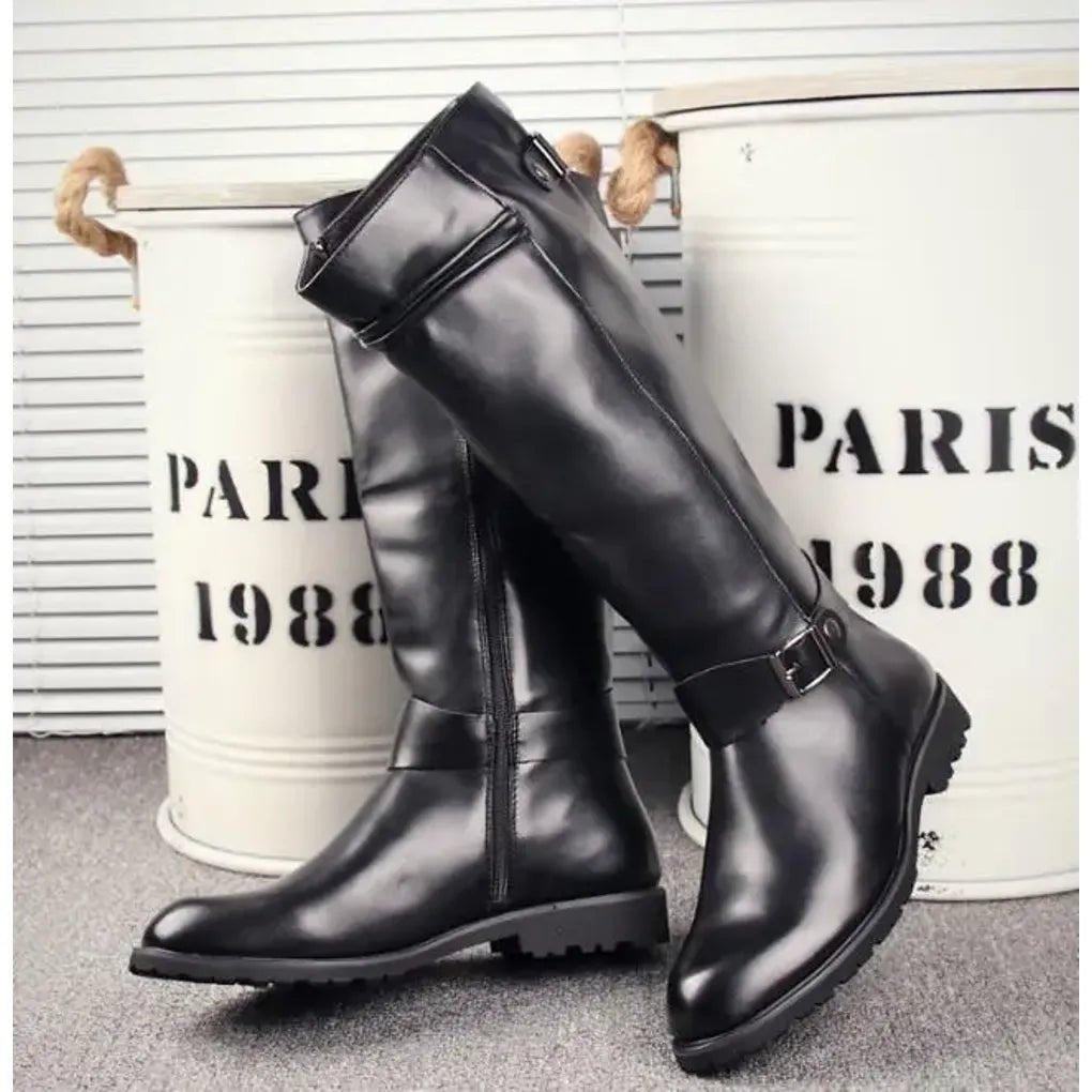 Men's Knee-High Faux Leather Riding Boots - Black