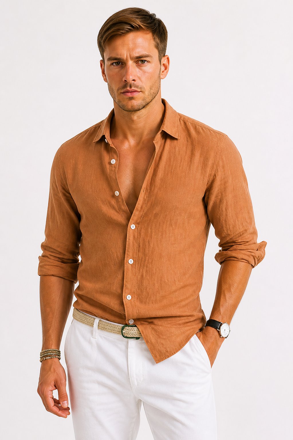 Men's Long Sleeve Slim Shirt - Brown