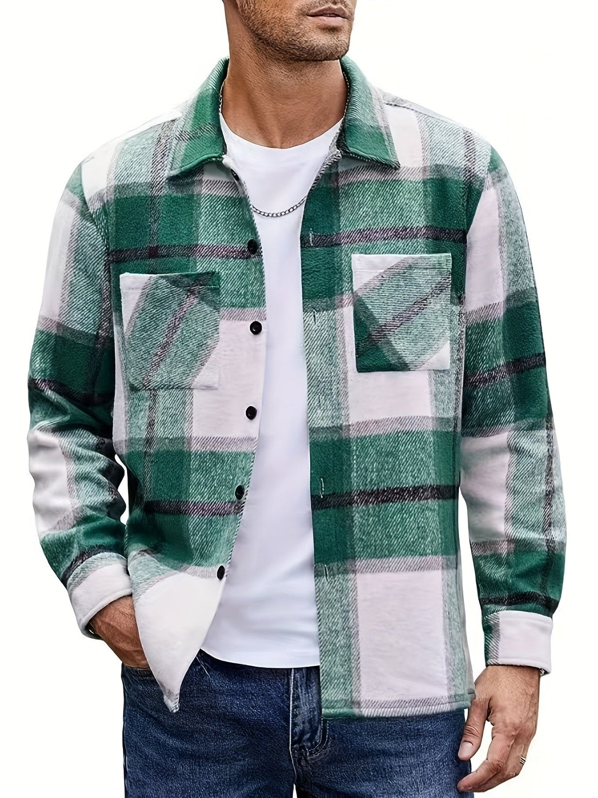 Men's Plaid Flannel Shirt Jacket - Green