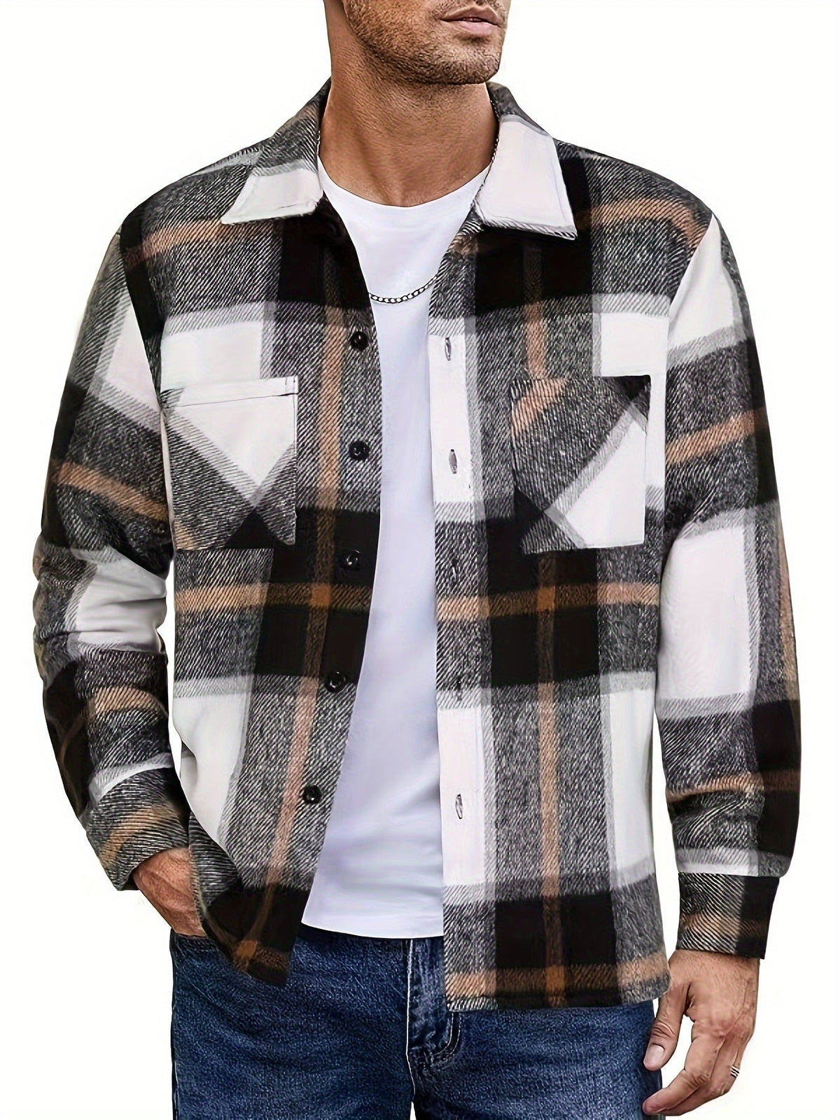 Men's Plaid Flannel Shirt Jacket - Grey