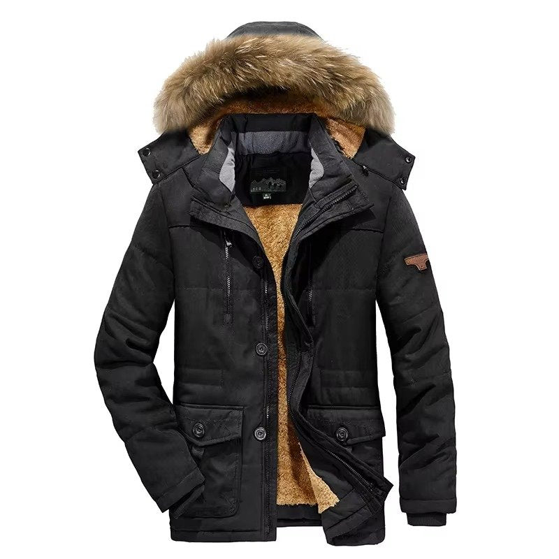 Men's Hooded Parka Jacket - Fur collar black
