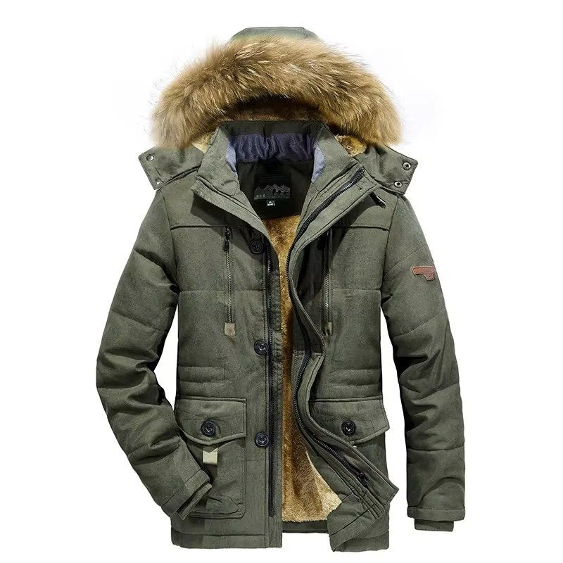 Men's Hooded Parka Jacket - Fur collar green