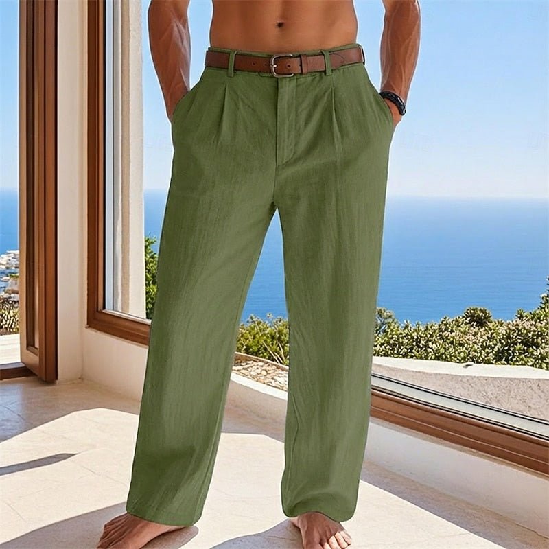 Men's Pleated Linen Trousers - Army Green