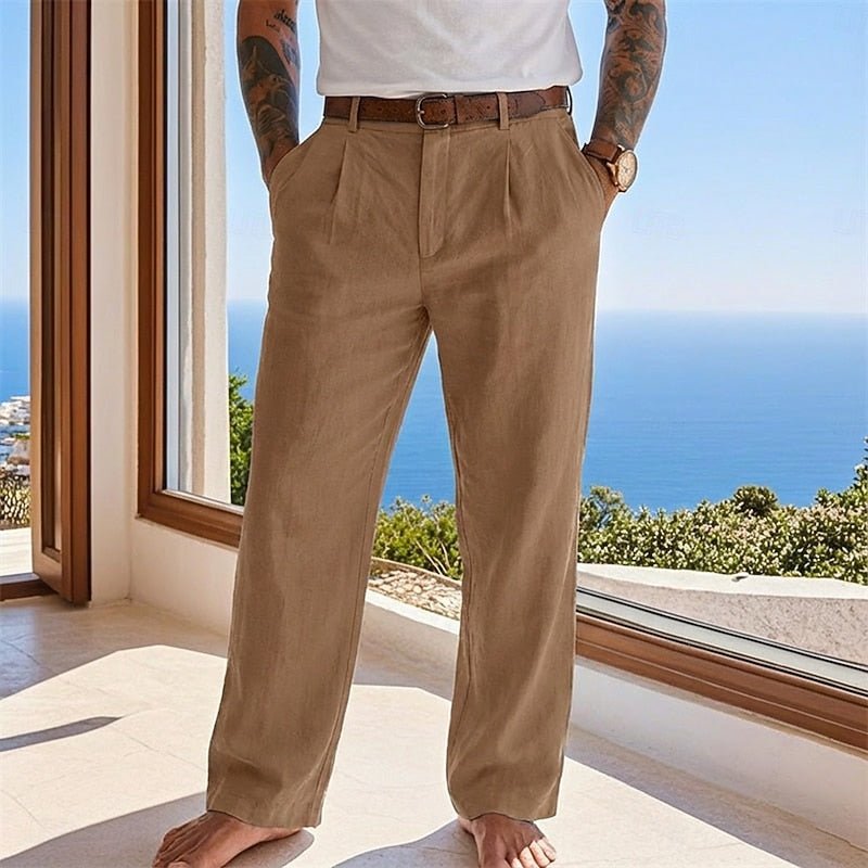 Men's Pleated Linen Trousers - Brown