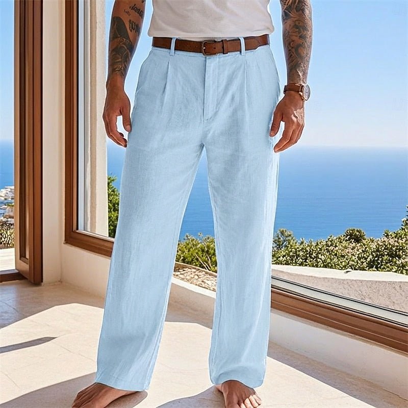 Men's Pleated Linen Trousers - Blue