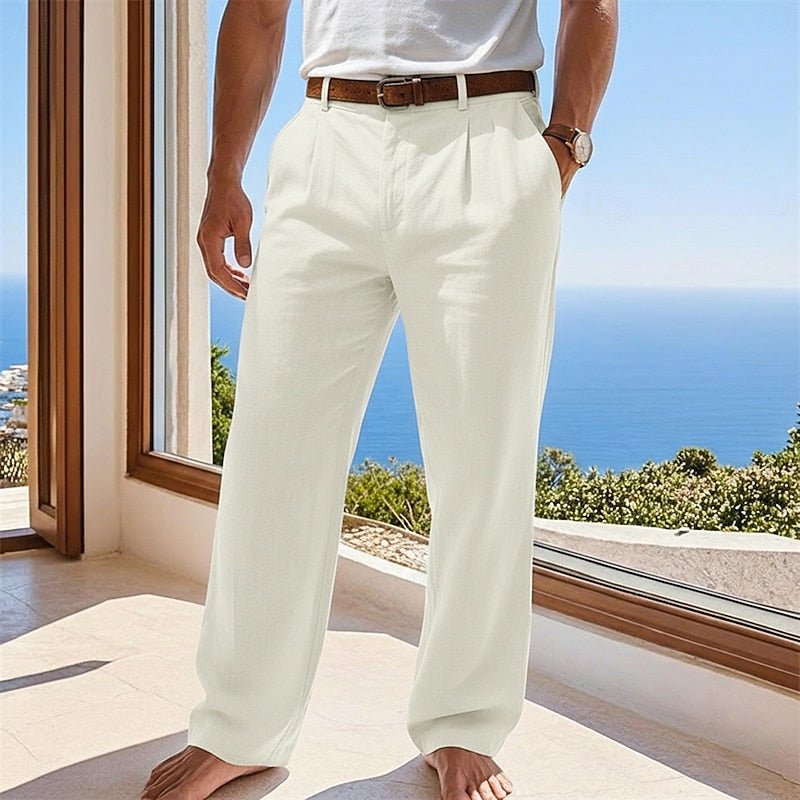 Men's Pleated Linen Trousers - Beige