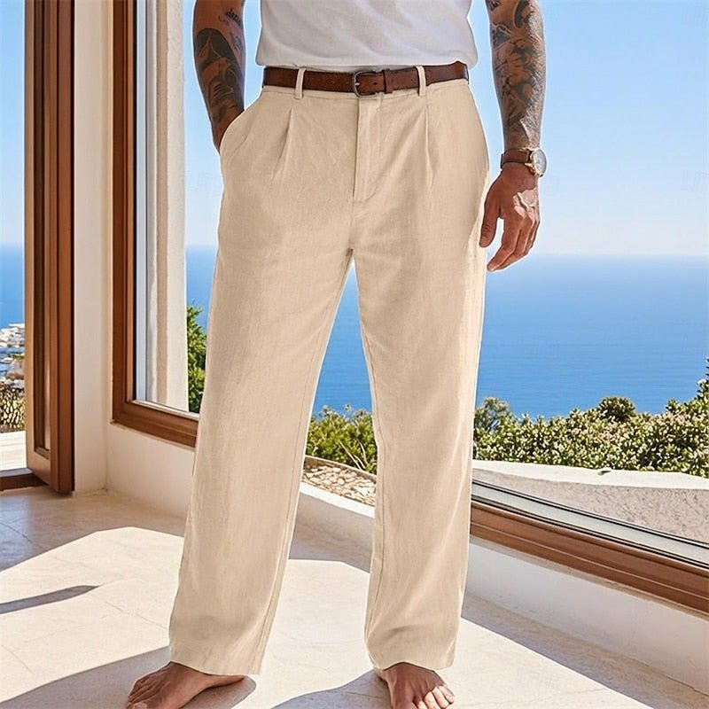 Men's Pleated Linen Trousers - Khaki