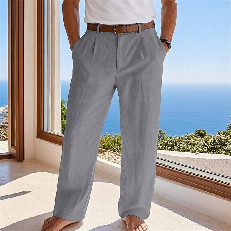 Men's Pleated Linen Trousers - Grey