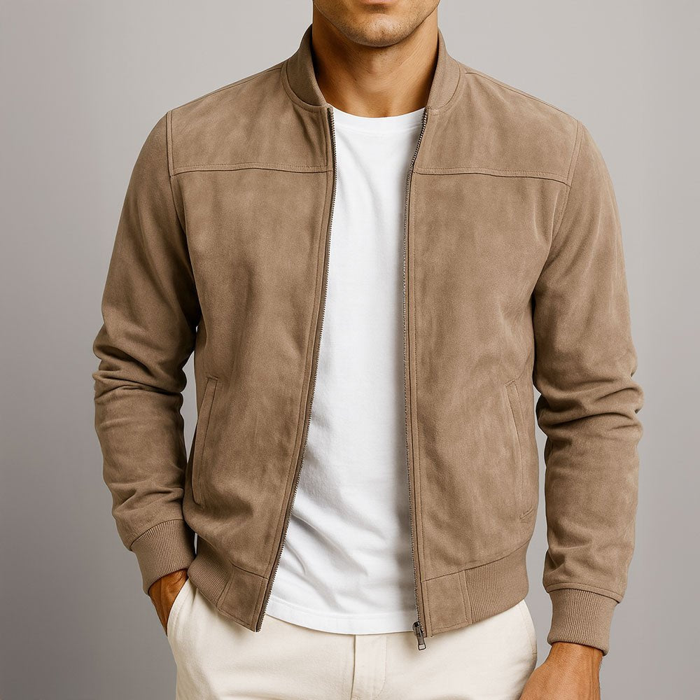 Men's Suede Slim Fit Bomber Jacket - Brown