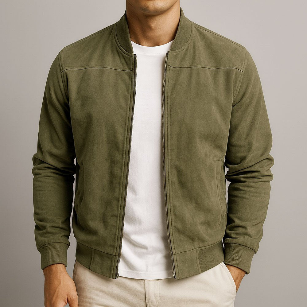 Men's Suede Slim Fit Bomber Jacket - Army Green