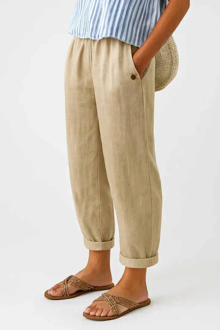 Women's Linen Cropped Trousers - Beige