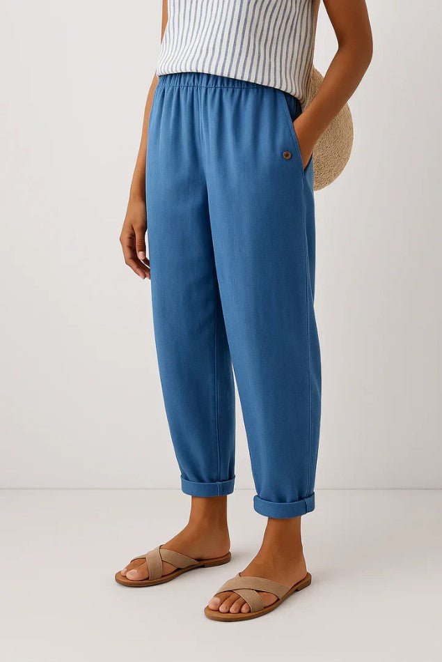 Women's Linen Cropped Trousers - Blue