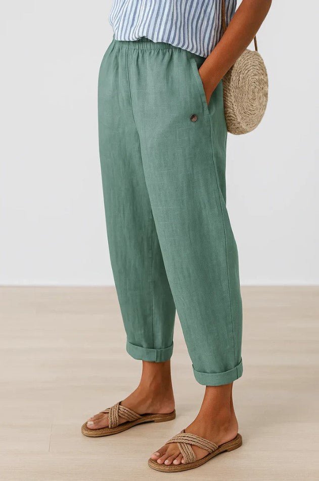 Women's Linen Cropped Trousers - Turquoise